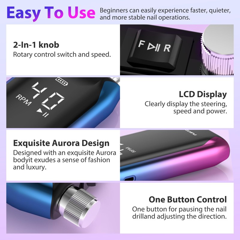 PURTATO Professional Nail Drill 40,000 RPM, Rechargeable,LCD Display E File