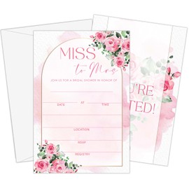 GOLRMC Pink Roses Bridal Shower Invitations, Pink Floral Arched Spring Bridal Shower Invites, 25 Miss to Mrs Invitations with Envelopes, Wedding Party Supplies-A12