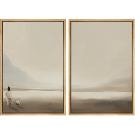 MUDECOR Framed Canvas Print Wall Art Set Minimalist Desert Journey with Woman and Goat Illustrations Modern Art Decorative Bohemian Calm/Zen for Living Room, Bedroom, Office - 24"x36"x2 Natural