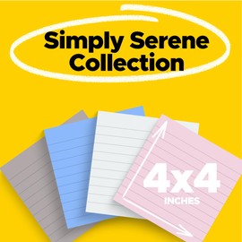 Post-it Super Sticky Notes, 4 Lined Sticky Note Pads, 4 x 4 in., School Supplies, Office Products, Sticky Notes for Vertical Surfaces, Monitors, Walls and Windows, Simply Serene Collection