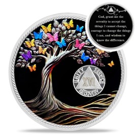 Delicate 16 Year Sobriety Coin - Recovery Butterfly Tree of Life AA Coins - 16 Year NA HA AA Chips and Medallions - 1-62 Years Living Clean Narcotics Alcoholics Anonymous Gifts for Men Women
