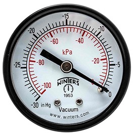 Winters PEM Series Steel Dual Scale Economy Pressure Gauge, 30"Hg Vacuum/kpa, 2" Dial Display, +/-3-2-3% Accuracy, 1/4" NPT Center Back Mount