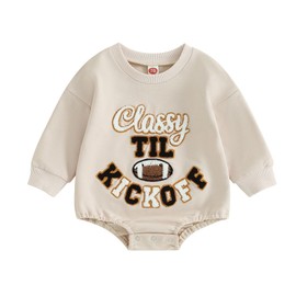 Kupretty Newborn Baby Boy Girl Fall Winter Clothes Embroidery Santa Mini Sweatshirt Romper Christmas Bubble Sweater Onesie (Kick Off-Beige, 12-18 Months)