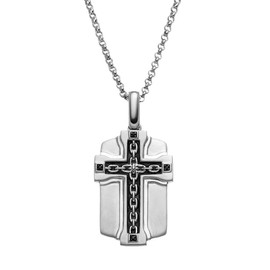 JewelMore Black Diamond Accent Sterling Silver Cross Link Dog Tag Necklace - Men