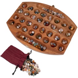 LOGOPLAY Bao Game Size L for 2 Players with Metal Clasp Gold Oval Hus Kalaha with 75 Gemstones