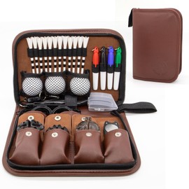 Golf Accessories for Men and Women, Golf Gifts for Him with Leather Case, Golf Brush, Golf Balls, Golf Tees, Golf Ball Clamp, Golf Divot, Golf Ball Line Marker Tool,Golf Ball Marking Stencils (Brown)