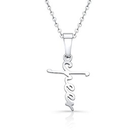 All In Faith Mini Cheer Script Cross Necklace (20 Inch Chain, Stainless Steel)