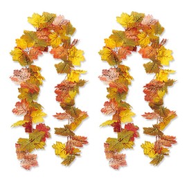 2 Pack Fall Maple Leaf Garland Decor Autumn Hanging Vine Garland Artificial Autumn Leaves Thanksgiving Decorations for Fall Indoor Outdoor Home Fireplace Stairs Party Supplies (Maple Leaf-B)
