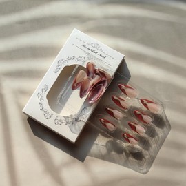 Red French Tip Press on Nails Almond Fake Nails with Glue Glossy Red Nails Press on Acrylic Nails Gold False Nails Wavy Abstract Lines Full Cover Glue on Nails Medium Length Stick on Nails for Women