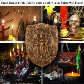 Pinra Triple Moon Wall Decor Pagan Wiccan Triple Goddess Maiden Mother Crone Shield Statue Celtic Wall Art Irish Feminism Gods Hanging Shield Wall Plaque Sculpture Khaki