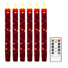 JINYANIA Flameless Taper LED Candles with Embedded Star String, Flickering Battery Operated Real Wax Candles with Remote Timer, 6pcs（0.78X9.64 Inch） for Romantic Ambiance and Home Decoration（Red）