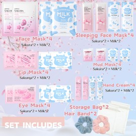 28PCS Sleepover Spa Party Supplies Set – Sakura & Milk Skin Care Set for Teenager Girl Gift - Travel Kits Gift Packs with Face Masks, Lip & Eye Masks, Hand Cream – Party Favors, Birthday