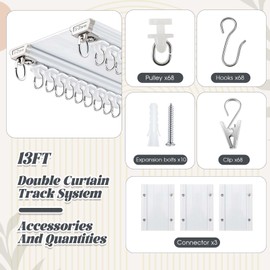 Juexica Ceiling Curtain Double Track Set 3ft-13ft/4 Meter White Double Curtain Track Ceiling Mount Heavy Duty Room Divider Adjustable Length Rails with Clips Hooks End Hook