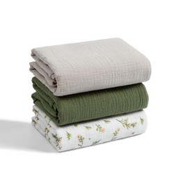 Meracorallo Muslin Swaddle Blanket, 100% Organic Cotton Receiving Blanket Soft and Breathable Swaddle Wrap for Baby Boys and Girls, 3 Pack, Olive Green+Flower+Beige