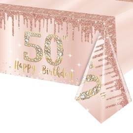 POPOYU 50th Birthday Table Cloth Rose Gold,137 * 274cm Rose Gold 50th Birthday Party Table Decoration Plastic Waterproof Rectangular Table Cover for Women,Her Birthday Gifts Party Table Decoration