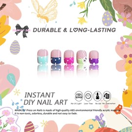 Easter Press on Nails Short Square Petite French Tip Fake Nails Colorful Nail Tip Full Cover Bunny False Nails with Designs Glossy Glue on Nails Cute Acrylic Nails Artificial Nails for Girls Women