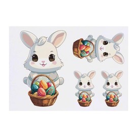 4 x 'Easter Bunny With Easter Basket Kawaii Style' Temporary Tattoos - Water Resistant, Skin-Safe, Non-Toxic Transfers, Mixed Sizes (TO00070044)