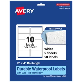 Avery Durable Waterproof Rectangle Labels with Sure Feed, 2" x 4", 50 Oil and Tear-Resistant Labels, Laser/Pigment-Based Inkjet Printable Labels (36564)