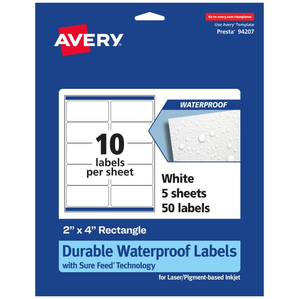 Avery Durable Waterproof Rectangle Labels with Sure Feed, 2" x