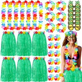 Didaey 6 Sets 60 cm Hawaiian Luau Hula Grass Skirt with Pineapple Sunglass Flowers for Holiday Hawaiian Summer Party Cosplay(Green)