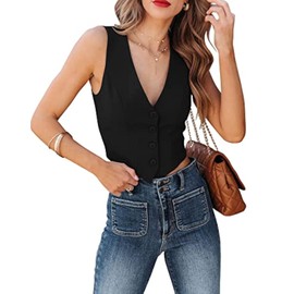 Sunborui Women's Business Button Up Sleeveless Vests Fully Lined V Neck Regular Fitted Jacket Waistcoat (Black,Large,Large)
