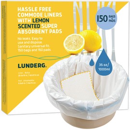 Lunderg Commode Liners with Lemon Scented Absorbent Pads - Value Pack Medical Grade 150 Count Universal Fit - Disposable Bedside Commode Liners and Pads for Adult Commode Chairs & Portable Toilets