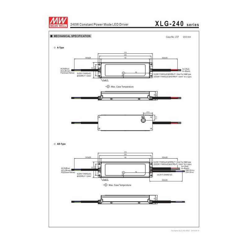 Meanwell XLG-240-H-AB 60V 4900mA 240W Constant Power Mode LED Driver