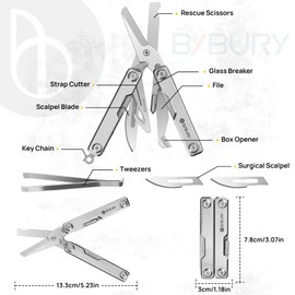 BIBURY Mini Multitool BI2052A, 8 in 1 Keychain EDC Scissors w/Window Breaker, Seat Belt Cutter, Bottle Opener for Outdoor Survival, Mini Multi Tool Cool Gadget TSA Approved, Gifts for Men and Women