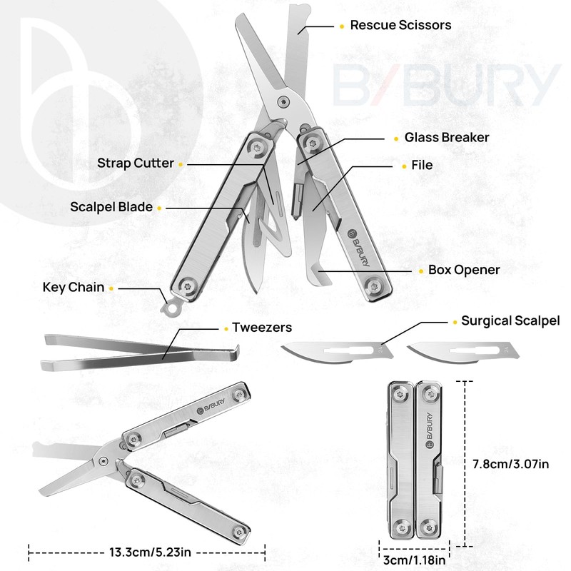 BIBURY Mini Multitool BI2052A, 8 in 1 Keychain EDC Scissors