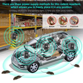 2 Pcs Under Hood Rodent Repeller with Strobe Light & 3 Power Supply Methods, Professional Ultrasonic Mouse Repellent Rat Squirrel Deterrent for 12V Cars Trucks RV Engine Bay Warehouse Attic