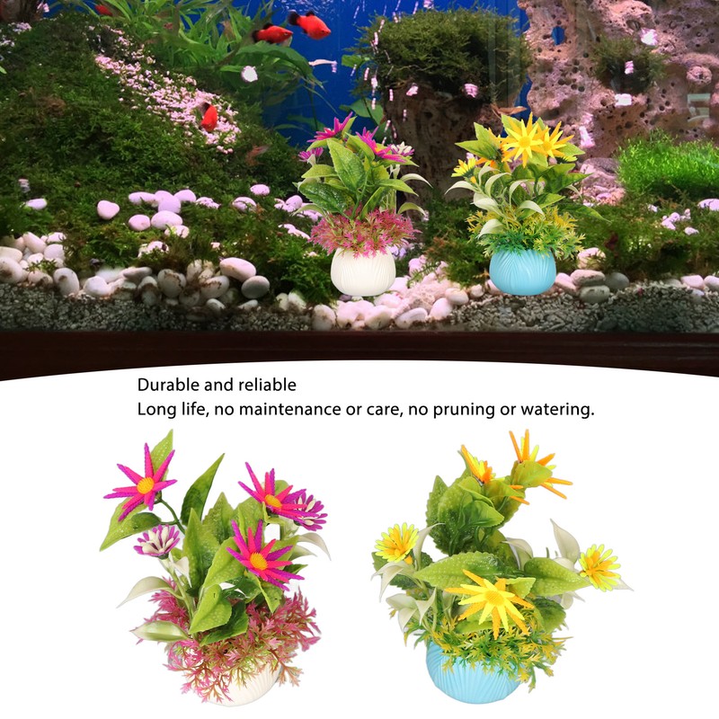 2pcs Artificial Aquarium Plants Silicone Flowers Reusable Resin Pots Fish