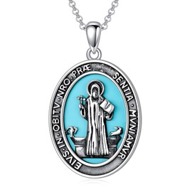 MEIDERBO St Benedict Necklace for Men Women 925 Sterling Silver Saint Benedict Turquoise Pendant Catholic Jewelry for Birthday Christmas