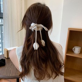 scicent Scrunchie 5015 Pack of 2 Silk Hair Bows Long Hair Bows Bow Clips Elastic Hair Bobbles for Women and Girls Fashion Hair Band (Black + Beige)