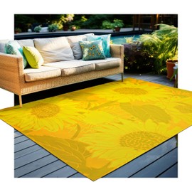 Gaialoop Outdoor Rug for Patio Furniture/Front Porch/Deck/Backyard Decor RV Waterproof Plastic Straw Camping Rugs, Bold Color Sunflower Design, Durable in Full Sun [5 * 8Ft]