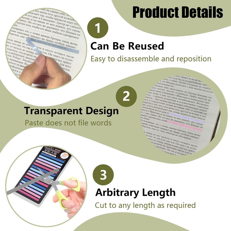 Realand 2700pcs Transparent Highlighter Tape, Short Reusable Highlight Strips Book