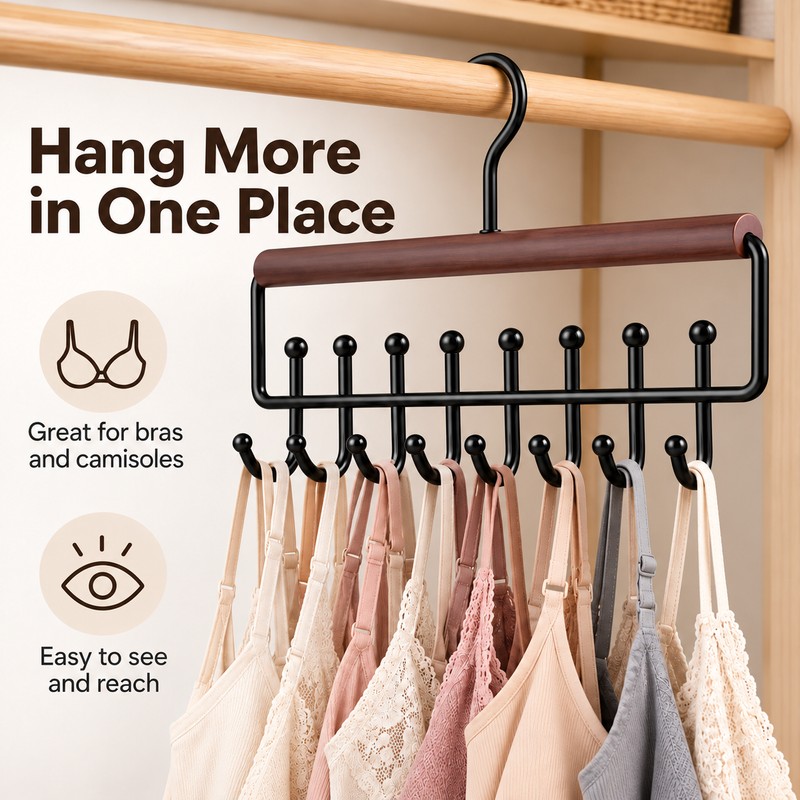 16-Hook Strap Clothes Hanger - Brown Two-Row Organizer for Bras,