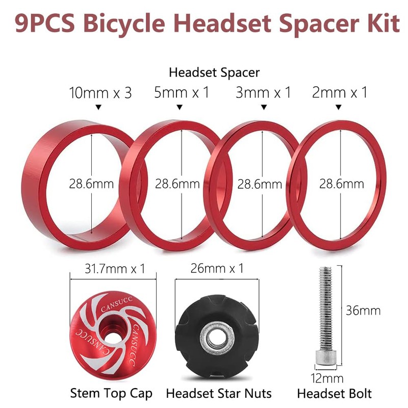 Saipor 9PCS Bicycle Headset Spacer Kit with Stem Top Cap,