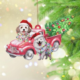 Red Truck with Dog Christmas Tree Ornament Puppy Dogs Pet Pine Tree Christmas Tree Ornament Keepsake Pet Portrait Bulldog Boxer Acrylic Christmas Bauble for Christmas Tree Decorations