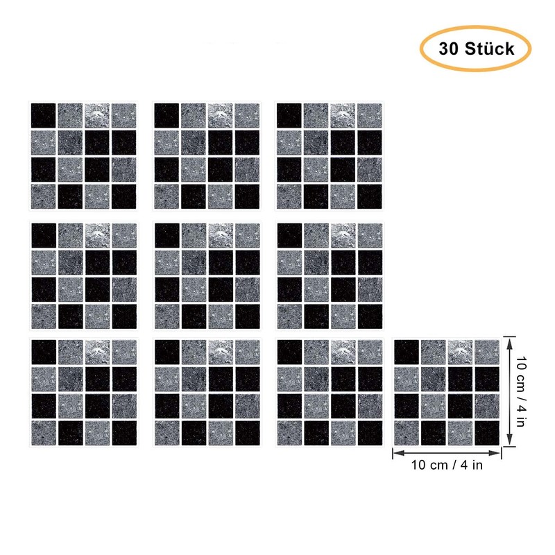 30 Pcs Black and Grey Grid Tile Stickers Decorative Tile