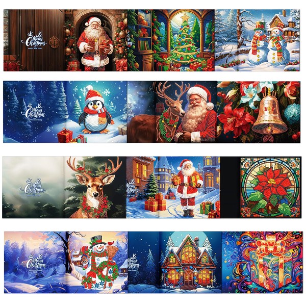 12 Pack 5D DIY Diamond Painting Christmas Cards, Christmas Manual