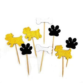 Glitter Dog Palm and Bone Cupcake Toppers Puppy Themed Dog Bone Dog Paw Birthday Decorations Pet Birthday Party Decor Supplies Pack of 24