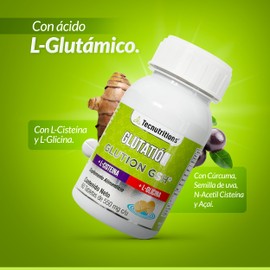 GLUTION GSH | Glutation con, Curcuma, Açai, Vitaminas C, E, B12. Presentacion con 60 Tabletas de 550 mg c/u TECNUTRITIONS. Apoyo a las celulas en contacto con radicales libres.