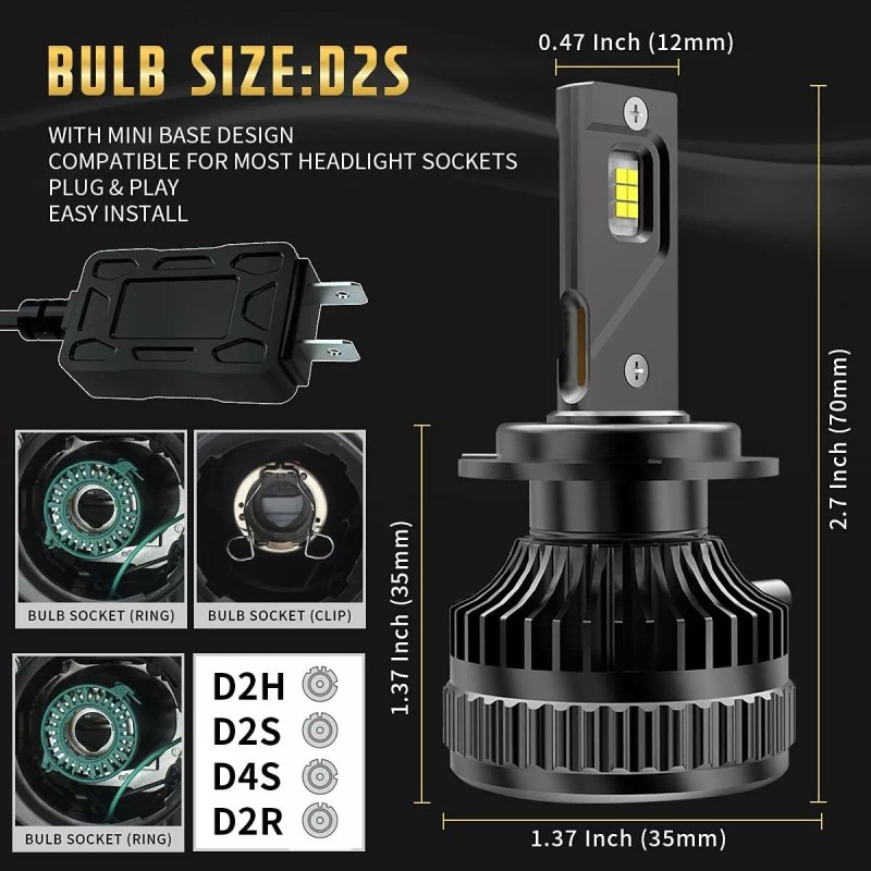 VLAND 2* D2H LED Headlight Bulbs 50W 6000K For Projector
