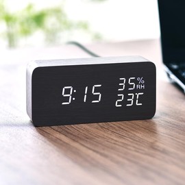 Iris Ohyama ICW-01WH-B Alarm Clock, Digital, Brightness Adjustment, Temperature and Humidity Display, Table Clock, Power Saving Mode, Wood Grain Design, Multifunction, Black