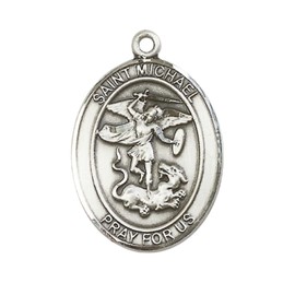 Mens Sterling Silver Saint Michael the Archangel Medal Pendant on 24" Rhodium Plated Heavy Curb Brass Chain w/ Lobster Claw clasp, Catholic Religious Necklace -Made in USA- Velvet Gift Box