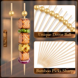600 Pcs Cocktail Picks, Fancy Toothpicks for Appetizers Drinks Fruit, 4.7 Inch Long Decorative Bamboo Skewers, Gold Pearl Garnish Sticks for Charcuterie Boards Accessories Party Supplies, Matte Gold