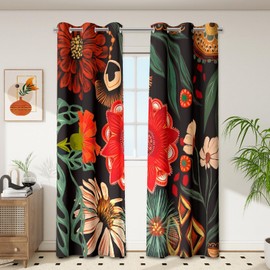 Tyrot Black Boho Floral 100% Blackout Curtains for Living Room 63 inch Long 2 Panels Mid Century Botanical Black Out Curtains for Bedroom Grommet Thermal Insulated Room Darkening Window Drapes,42Wx63L