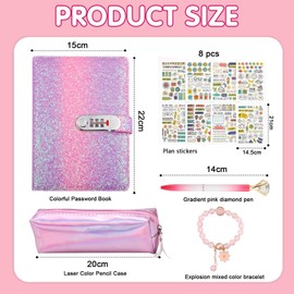 TXErfolg Diary with Lock Girls Gifts 7 8 9 10 11 12 13 Years, Back to School Diary with Code Easter Gifts for Girls Teenagers Age 7-14, Pencil Case Pen Bracelet Sticker (Pink)