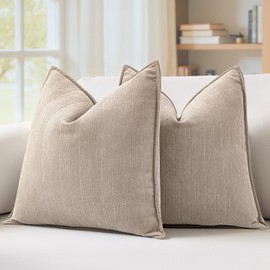 MIULEE Pack of 2 Beige Decorative Pillow Covers 20x20 Inch Soft Chenille Luxurious Couch Throw Pillows Farmhouse Cushion Covers with Elegant Design for Sofa Bedroom Living Room Home Decor