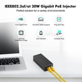 Gigabit PoE+ Injector 2 Ports, 802.3af 30W, 10/100/1000 Mbps, Plug & Play, Desktop/Wall Mounting, Distance up to 100 Meters (328 Feet)